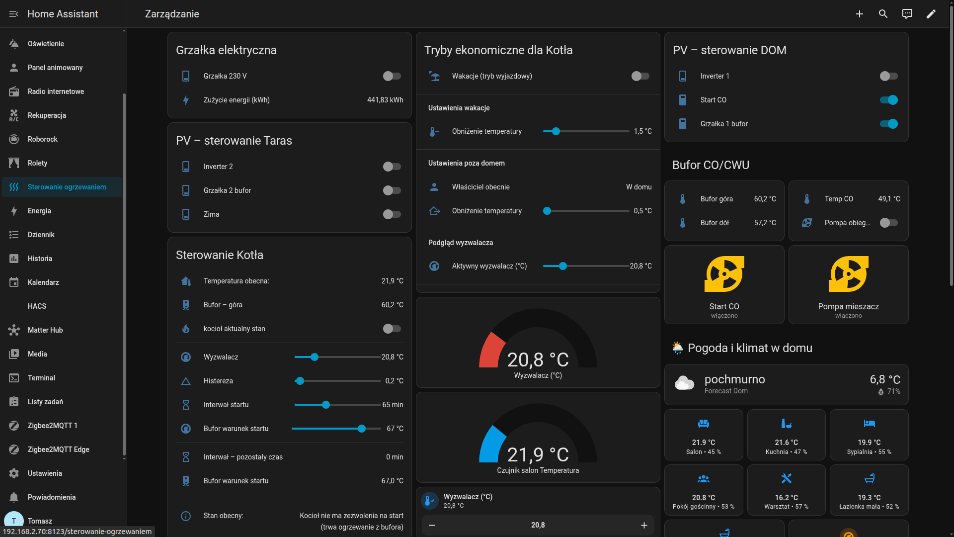 Heating and buffer control panel